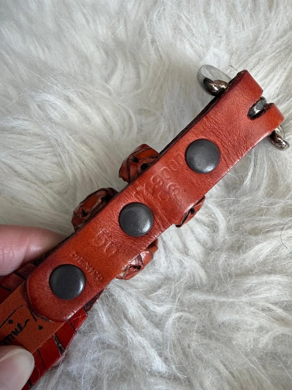 Burnt orange brown fishtail herringbone leather belt Mexican brass buckle 56
